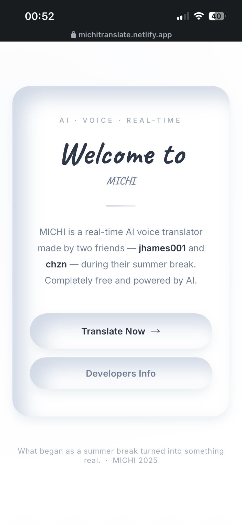 MICHI mobile welcome screen