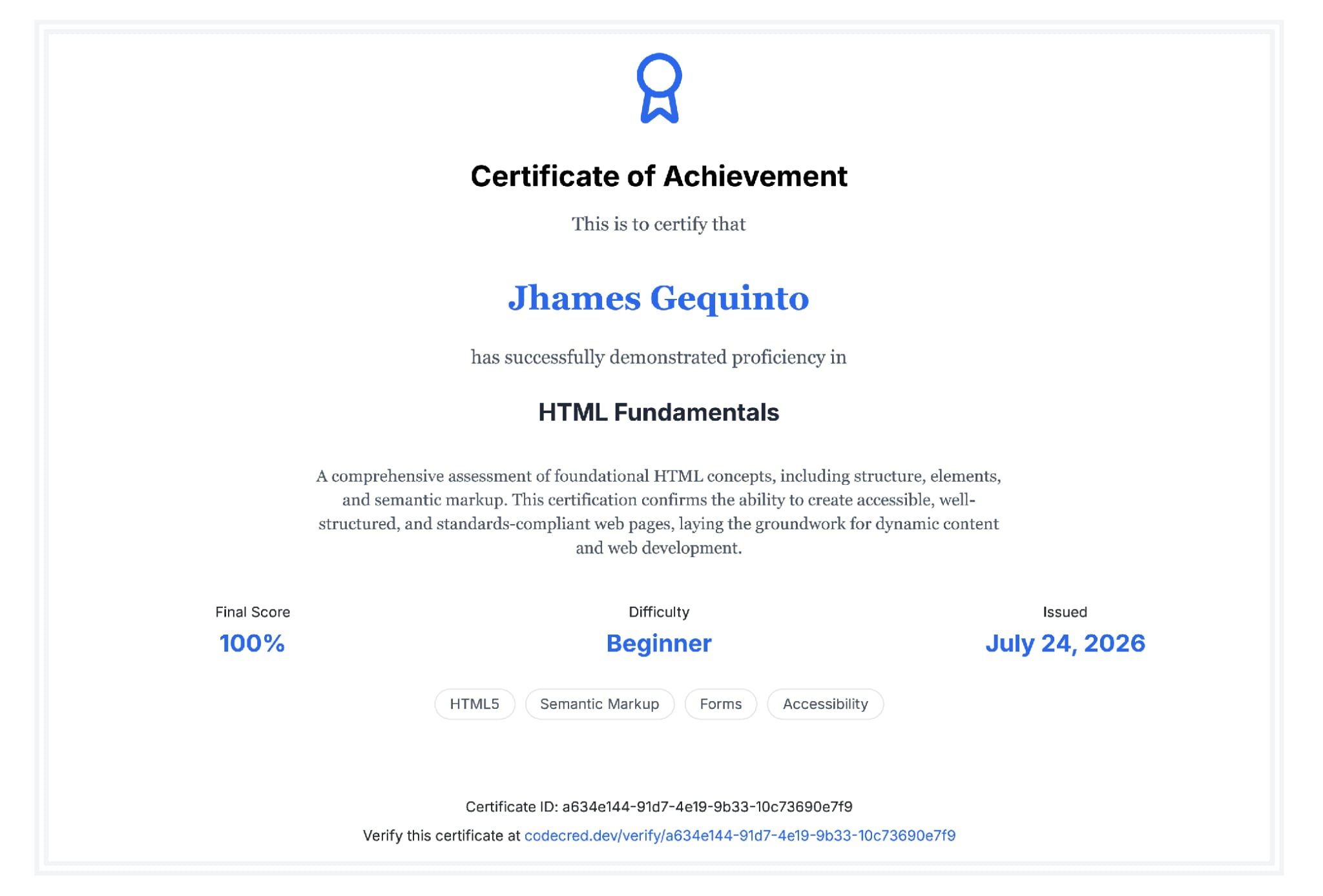 HTML Fundamentals certificate